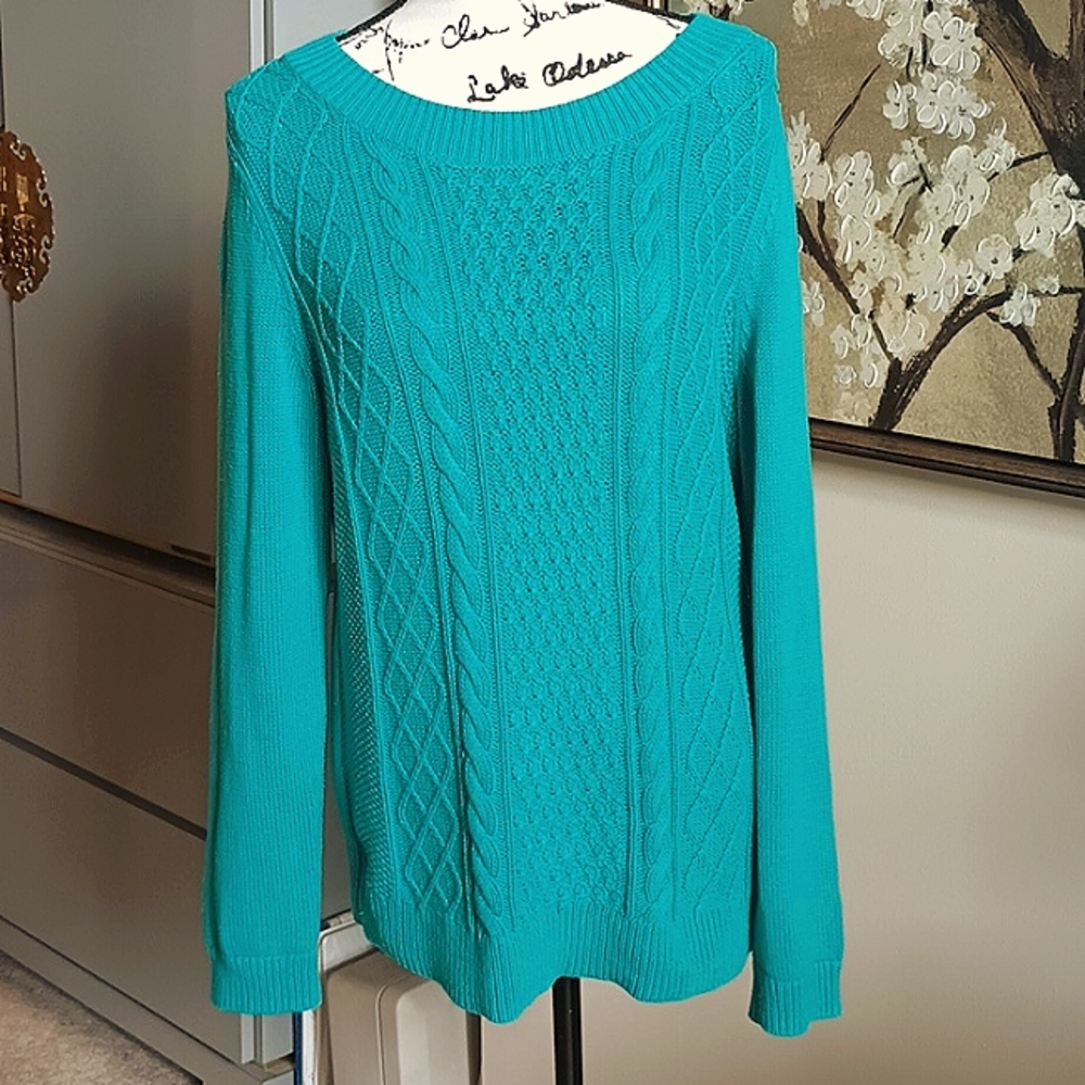 Talbot's Scoop Neck Cable Front Sweater, Jade Green
